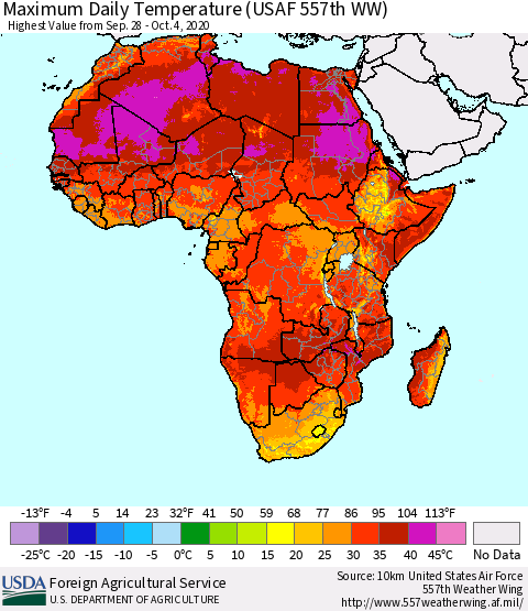 Africa Maximum Daily Temperature (USAF 557th WW) Thematic Map For 9/28/2020 - 10/4/2020