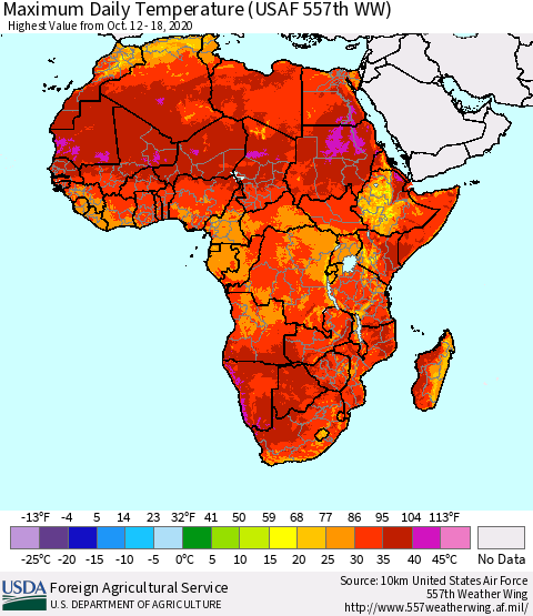 Africa Maximum Daily Temperature (USAF 557th WW) Thematic Map For 10/12/2020 - 10/18/2020