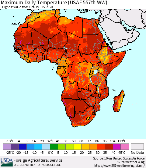 Africa Maximum Daily Temperature (USAF 557th WW) Thematic Map For 10/19/2020 - 10/25/2020