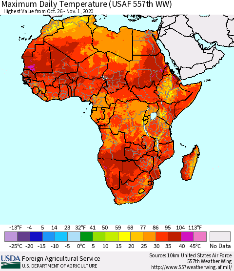 Africa Maximum Daily Temperature (USAF 557th WW) Thematic Map For 10/26/2020 - 11/1/2020