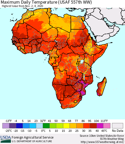 Africa Maximum Daily Temperature (USAF 557th WW) Thematic Map For 11/2/2020 - 11/8/2020