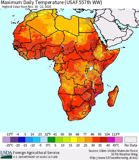 Africa Maximum Daily Temperature (USAF 557th WW) Thematic Map For 11/16/2020 - 11/22/2020