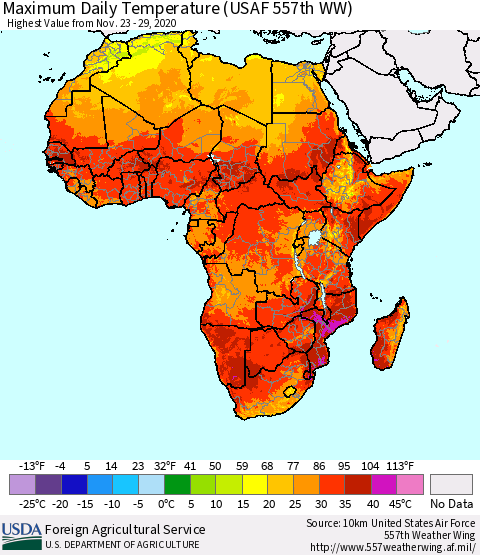 Africa Maximum Daily Temperature (USAF 557th WW) Thematic Map For 11/23/2020 - 11/29/2020