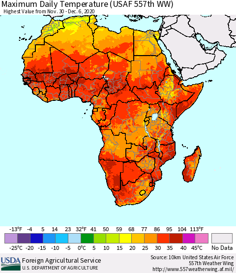 Africa Maximum Daily Temperature (USAF 557th WW) Thematic Map For 11/30/2020 - 12/6/2020