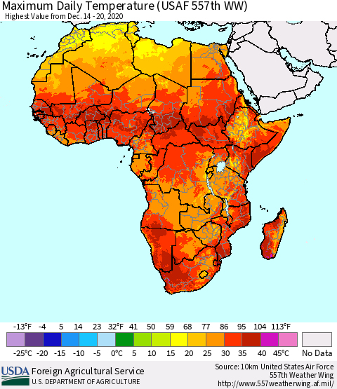 Africa Maximum Daily Temperature (USAF 557th WW) Thematic Map For 12/14/2020 - 12/20/2020