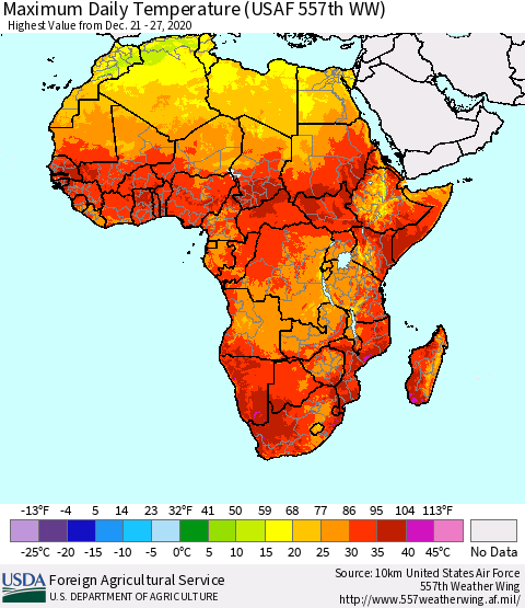 Africa Maximum Daily Temperature (USAF 557th WW) Thematic Map For 12/21/2020 - 12/27/2020