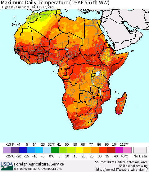 Africa Maximum Daily Temperature (USAF 557th WW) Thematic Map For 1/11/2021 - 1/17/2021