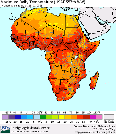Africa Maximum Daily Temperature (USAF 557th WW) Thematic Map For 1/25/2021 - 1/31/2021
