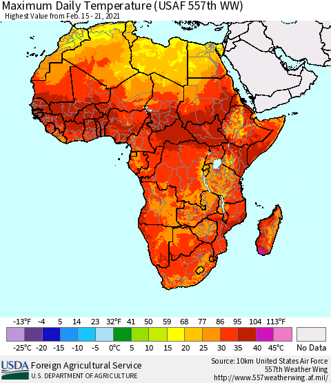 Africa Maximum Daily Temperature (USAF 557th WW) Thematic Map For 2/15/2021 - 2/21/2021