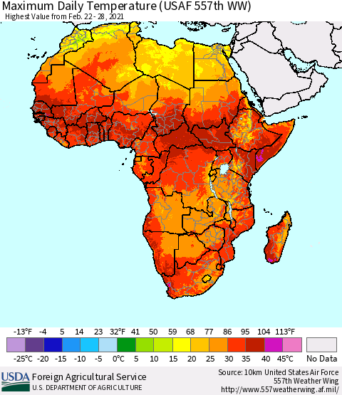 Africa Maximum Daily Temperature (USAF 557th WW) Thematic Map For 2/22/2021 - 2/28/2021