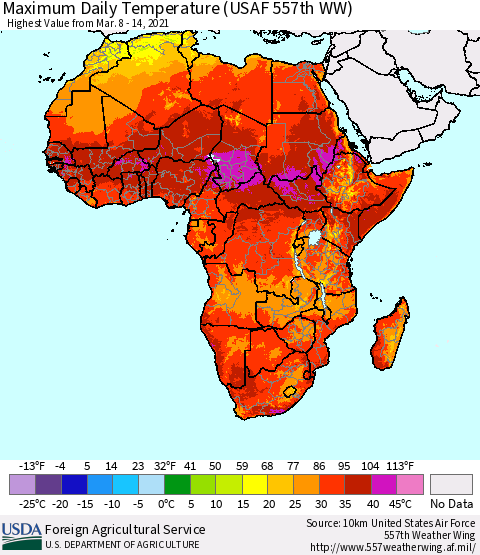Africa Maximum Daily Temperature (USAF 557th WW) Thematic Map For 3/8/2021 - 3/14/2021