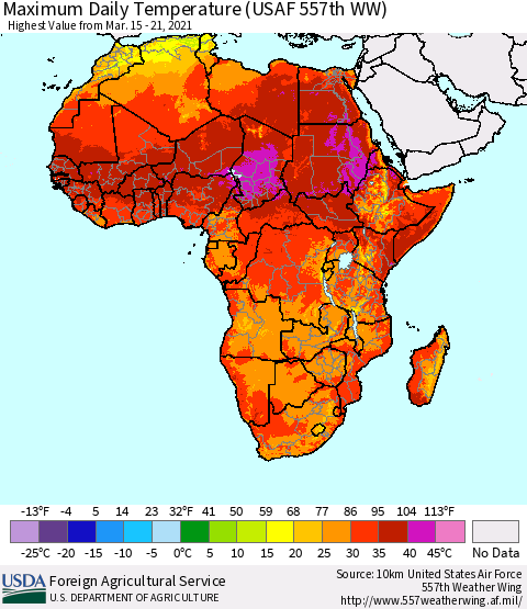Africa Maximum Daily Temperature (USAF 557th WW) Thematic Map For 3/15/2021 - 3/21/2021
