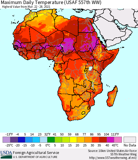 Africa Maximum Daily Temperature (USAF 557th WW) Thematic Map For 3/22/2021 - 3/28/2021