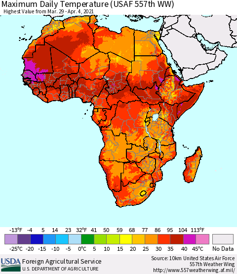Africa Maximum Daily Temperature (USAF 557th WW) Thematic Map For 3/29/2021 - 4/4/2021