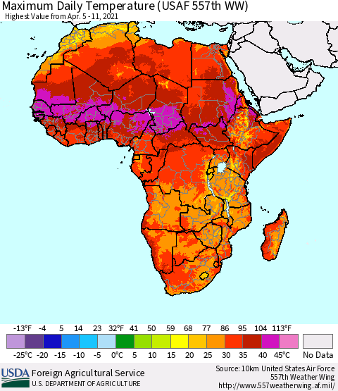Africa Maximum Daily Temperature (USAF 557th WW) Thematic Map For 4/5/2021 - 4/11/2021