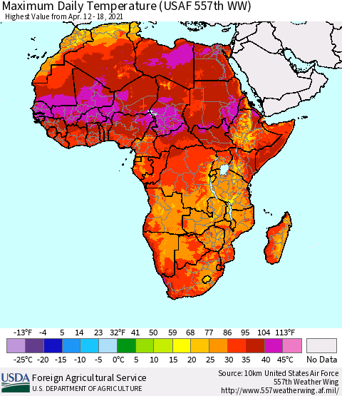 Africa Maximum Daily Temperature (USAF 557th WW) Thematic Map For 4/12/2021 - 4/18/2021