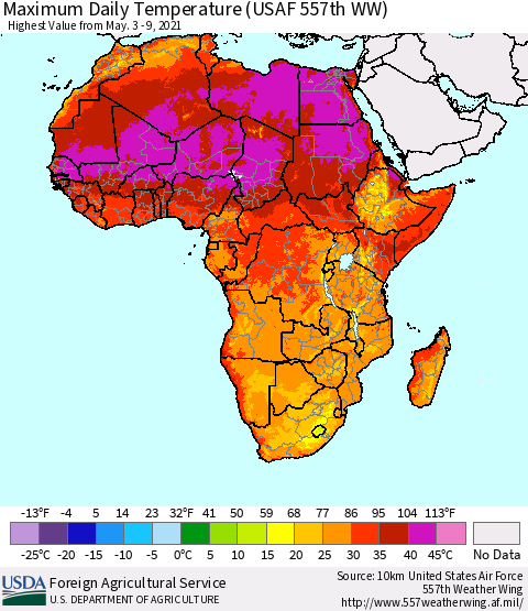 Africa Maximum Daily Temperature (USAF 557th WW) Thematic Map For 5/3/2021 - 5/9/2021
