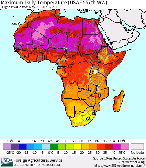 Africa Maximum Daily Temperature (USAF 557th WW) Thematic Map For 5/31/2021 - 6/6/2021