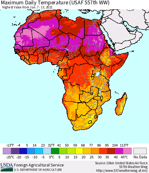 Africa Maximum Daily Temperature (USAF 557th WW) Thematic Map For 6/7/2021 - 6/13/2021