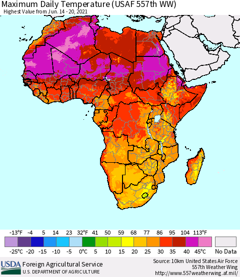Africa Maximum Daily Temperature (USAF 557th WW) Thematic Map For 6/14/2021 - 6/20/2021
