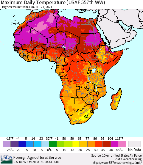 Africa Maximum Daily Temperature (USAF 557th WW) Thematic Map For 6/21/2021 - 6/27/2021