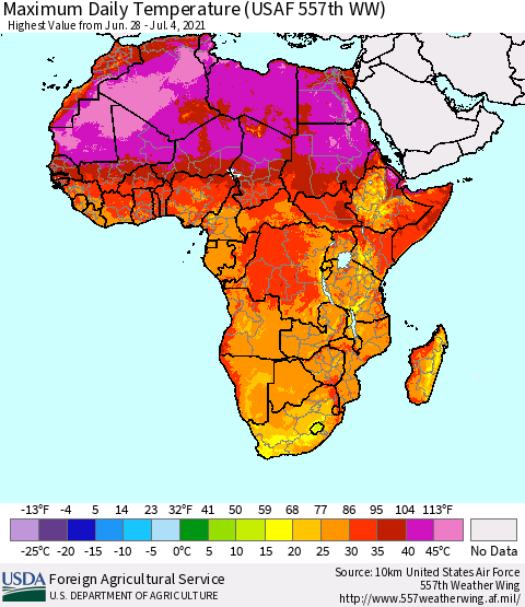 Africa Maximum Daily Temperature (USAF 557th WW) Thematic Map For 6/28/2021 - 7/4/2021