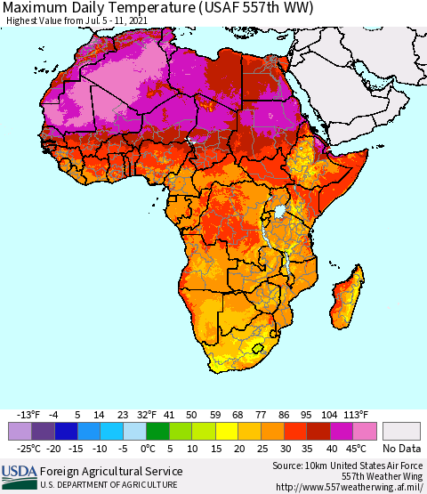 Africa Maximum Daily Temperature (USAF 557th WW) Thematic Map For 7/5/2021 - 7/11/2021