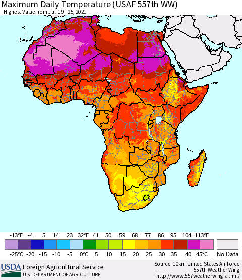 Africa Maximum Daily Temperature (USAF 557th WW) Thematic Map For 7/19/2021 - 7/25/2021