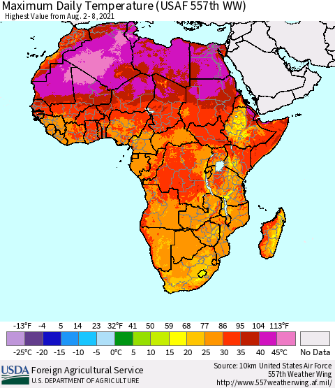 Africa Maximum Daily Temperature (USAF 557th WW) Thematic Map For 8/2/2021 - 8/8/2021