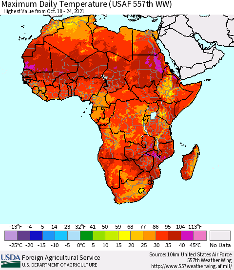 Africa Maximum Daily Temperature (USAF 557th WW) Thematic Map For 10/18/2021 - 10/24/2021