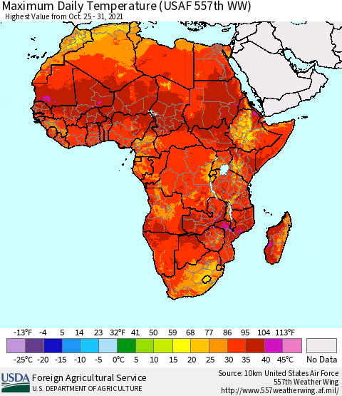 Africa Maximum Daily Temperature (USAF 557th WW) Thematic Map For 10/25/2021 - 10/31/2021
