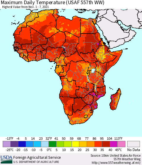 Africa Maximum Daily Temperature (USAF 557th WW) Thematic Map For 11/1/2021 - 11/7/2021