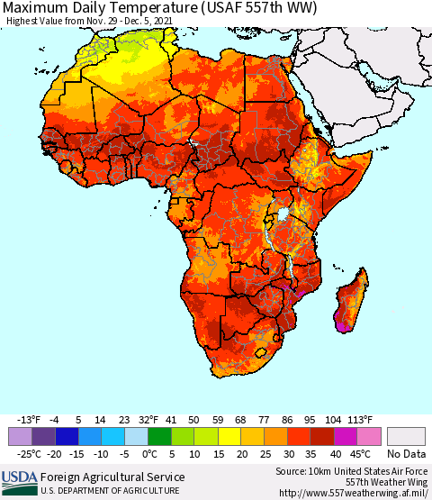 Africa Maximum Daily Temperature (USAF 557th WW) Thematic Map For 11/29/2021 - 12/5/2021