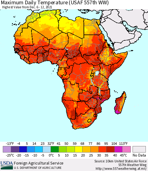 Africa Maximum Daily Temperature (USAF 557th WW) Thematic Map For 12/6/2021 - 12/12/2021