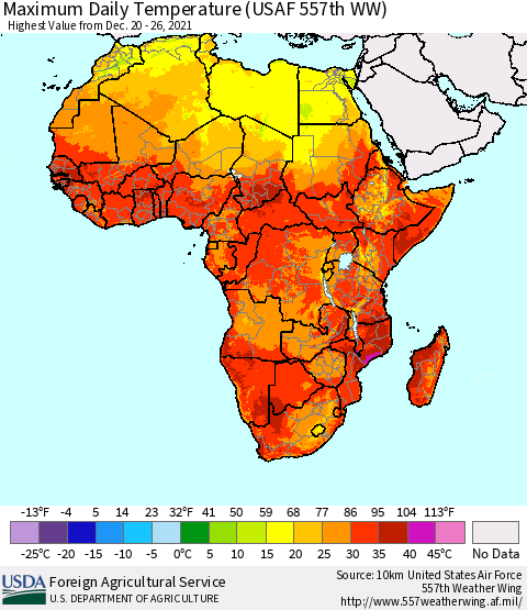 Africa Maximum Daily Temperature (USAF 557th WW) Thematic Map For 12/20/2021 - 12/26/2021