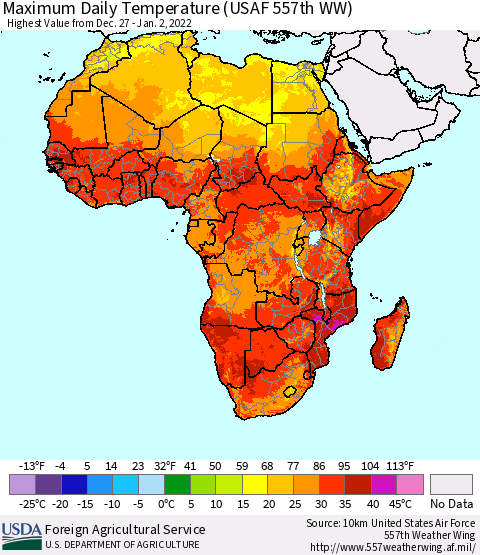Africa Maximum Daily Temperature (USAF 557th WW) Thematic Map For 12/27/2021 - 1/2/2022