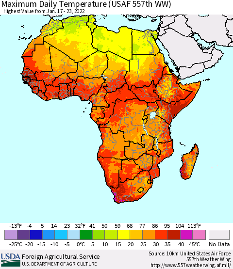 Africa Maximum Daily Temperature (USAF 557th WW) Thematic Map For 1/17/2022 - 1/23/2022