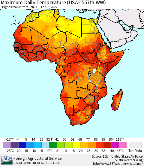 Africa Maximum Daily Temperature (USAF 557th WW) Thematic Map For 1/31/2022 - 2/6/2022