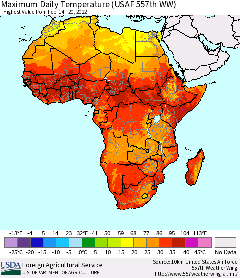 Africa Maximum Daily Temperature (USAF 557th WW) Thematic Map For 2/14/2022 - 2/20/2022