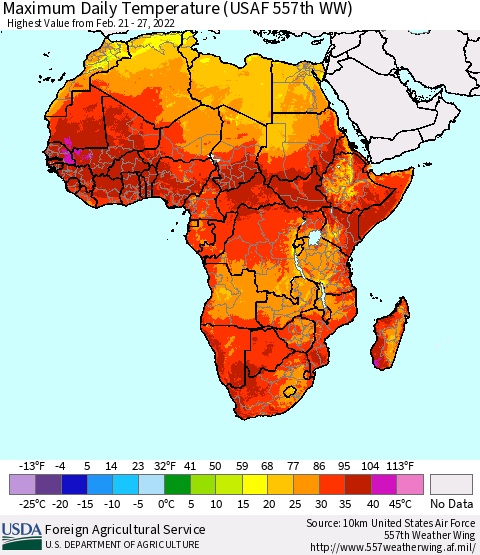 Africa Maximum Daily Temperature (USAF 557th WW) Thematic Map For 2/21/2022 - 2/27/2022