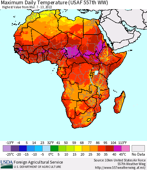 Africa Maximum Daily Temperature (USAF 557th WW) Thematic Map For 3/7/2022 - 3/13/2022
