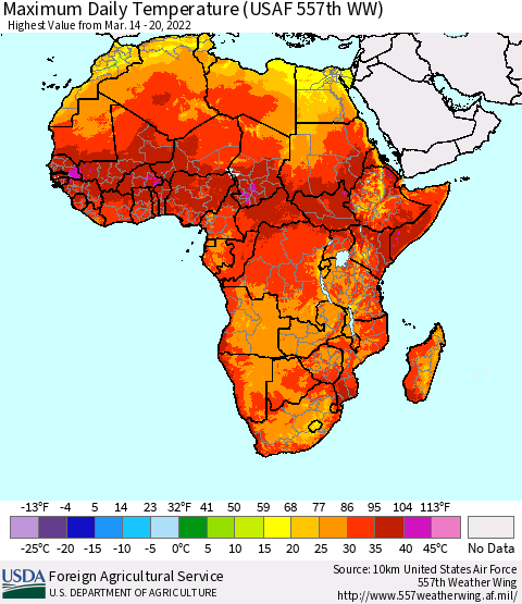 Africa Maximum Daily Temperature (USAF 557th WW) Thematic Map For 3/14/2022 - 3/20/2022