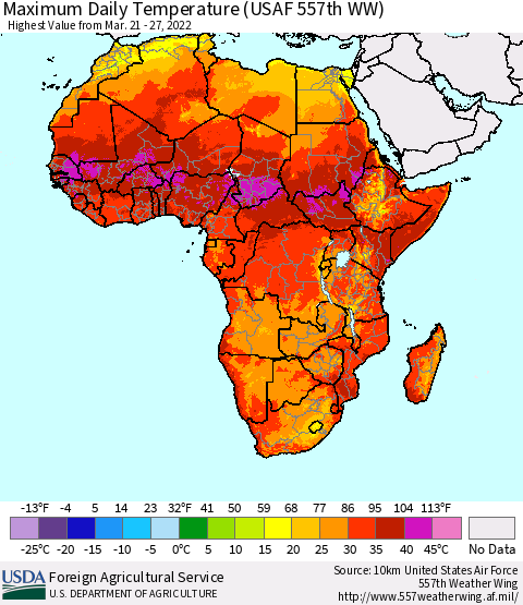 Africa Maximum Daily Temperature (USAF 557th WW) Thematic Map For 3/21/2022 - 3/27/2022