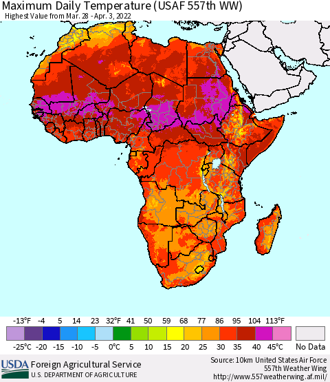 Africa Maximum Daily Temperature (USAF 557th WW) Thematic Map For 3/28/2022 - 4/3/2022