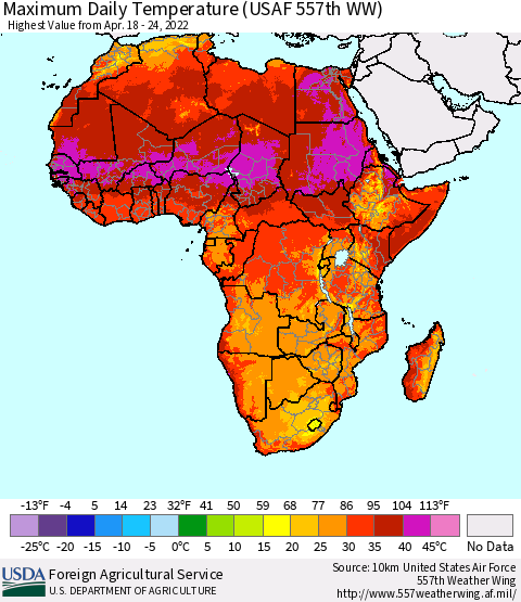 Africa Maximum Daily Temperature (USAF 557th WW) Thematic Map For 4/18/2022 - 4/24/2022