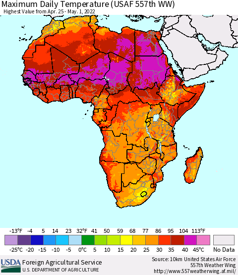 Africa Maximum Daily Temperature (USAF 557th WW) Thematic Map For 4/25/2022 - 5/1/2022