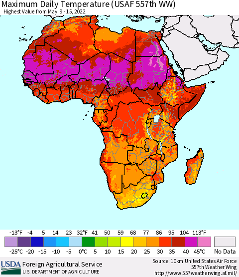 Africa Maximum Daily Temperature (USAF 557th WW) Thematic Map For 5/9/2022 - 5/15/2022