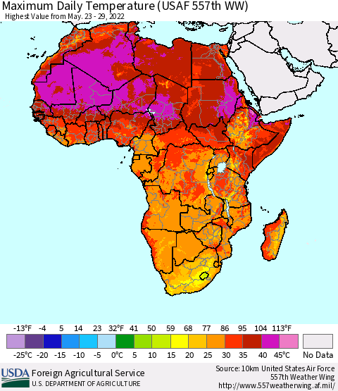 Africa Maximum Daily Temperature (USAF 557th WW) Thematic Map For 5/23/2022 - 5/29/2022
