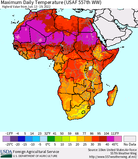 Africa Maximum Daily Temperature (USAF 557th WW) Thematic Map For 6/13/2022 - 6/19/2022