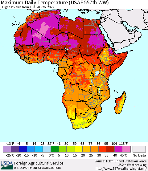 Africa Maximum Daily Temperature (USAF 557th WW) Thematic Map For 6/20/2022 - 6/26/2022